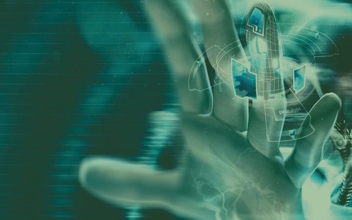 Hand reaching into a digital interface